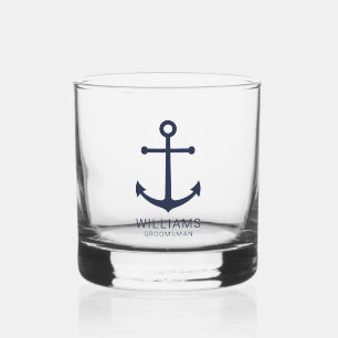 Nautical Navy Blue Anchor Personalized Groomsmen Whisky Glas