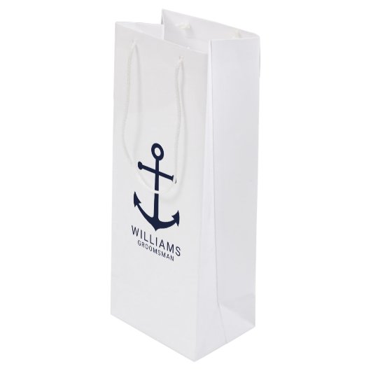 Nautical Navy Blue Anchor Personalized Groomsmen Wijn Cadeautas (Voorkant Gekanteld)