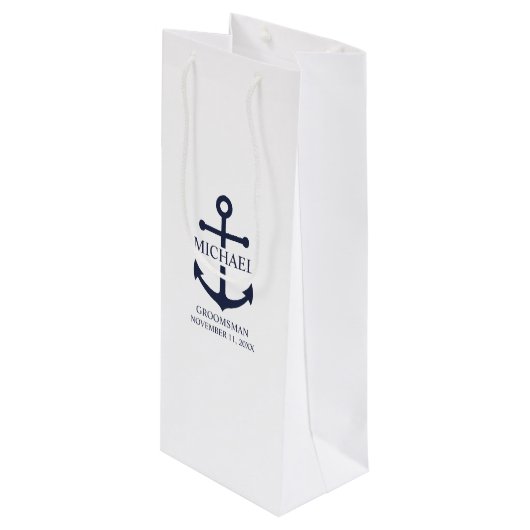 Nautical Navy Blue Anchor Personalized Groomsmen Wijn Cadeautas (Voorkant Gekanteld)
