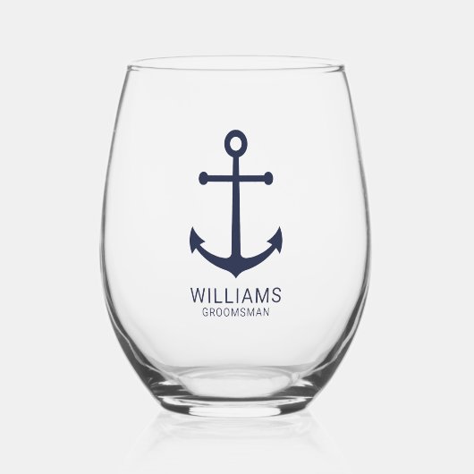 Nautical Navy Blue Anchor Personalized Groomsmen Wijnglas Zonder Voet (Voorkant)