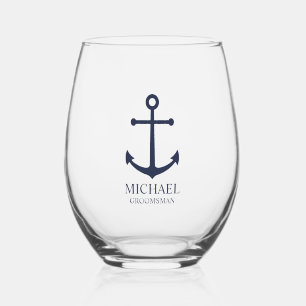 Nautical Navy Blue Anchor Personalized Groomsmen Wijnglas Zonder Voet