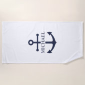 Nautical Navy Blue Anchor Personalized Name Strandlaken (Voorkant)