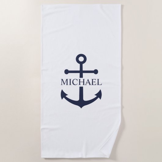 Nautical Navy Blue Anchor Personalized Name Strandlaken (Voorkant)