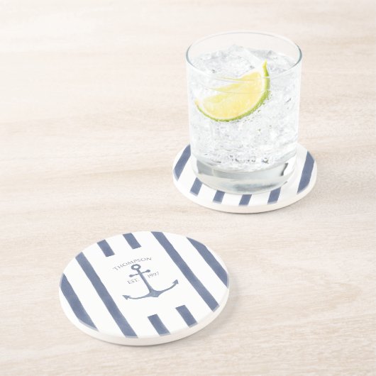 Nautical Navy Blue Anchor Personalized Onderzetter (Zijkant)