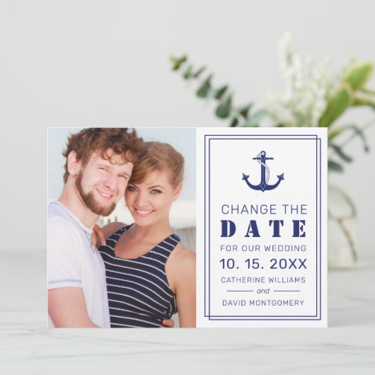 Nautical Navy Blue Anchor Photo Wijzig de datum Save The Date (Staand voorkant)