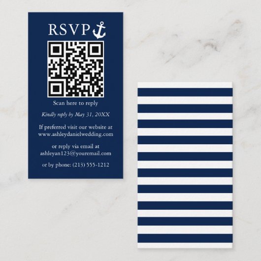 Nautical Navy Blue Anchor QR RSVP Striped Informatiekaartje (Voorkant / Achterkant)