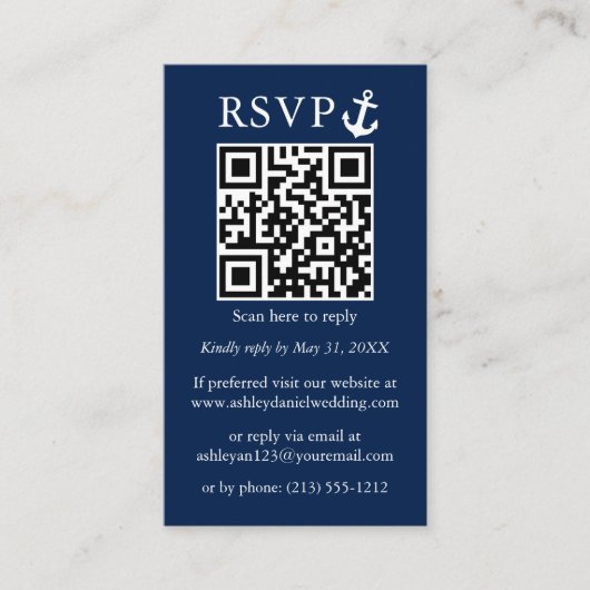 Nautical Navy Blue Anchor QR RSVP Striped Informatiekaartje (Voorkant)