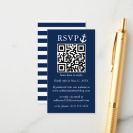 Nautical Navy Blue Anchor QR RSVP Striped Informatiekaartje