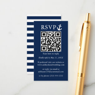 Nautical Navy Blue Anchor QR RSVP Striped Informatiekaartje