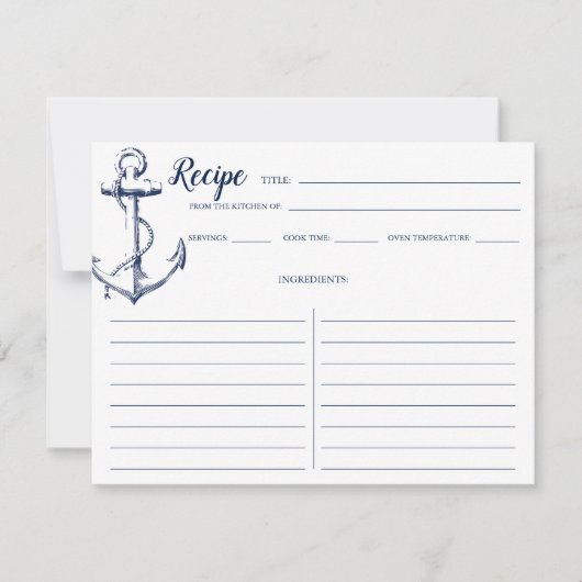 Nautical Navy Blue Anchor Recipe Kaart (Voorkant)