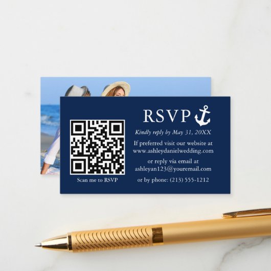 Nautical Navy Blue Anchor RSVP QR foto van bruilof Informatiekaartje (Voorkant / Achterkant in situ)