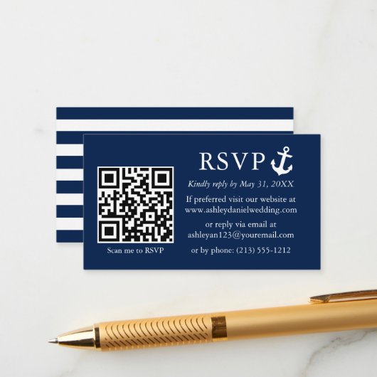 Nautical Navy Blue Anchor RSVP QR Striped Informatiekaartje (Voorkant / Achterkant in situ)