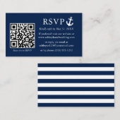 Nautical Navy Blue Anchor RSVP QR Striped Informatiekaartje (Voorkant / Achterkant)