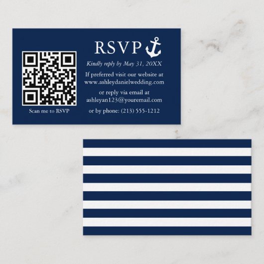 Nautical Navy Blue Anchor RSVP QR Striped Informatiekaartje (Voorkant / Achterkant)