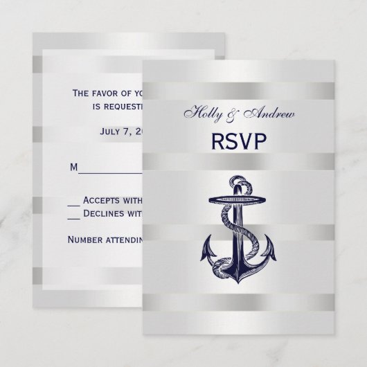 Nautical Navy Blue Anchor Silver White V RSVP (Voorkant / Achterkant)