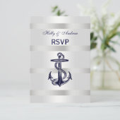 Nautical Navy Blue Anchor Silver White V RSVP Kaartje (Staand voorkant)
