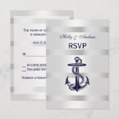 Nautical Navy Blue Anchor Silver White V RSVP Kaartje (Voorkant / Achterkant)