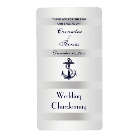 Nautical Navy Blue Anchor Silver Why V Wine Bottle Etiket (Voorkant)