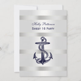 Nautical Navy Blue Anchor Silver Wt BG V Sweet 16 Kaart