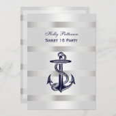 Nautical Navy Blue Anchor Silver Wt BG V Sweet 16 Kaart (Voorkant / Achterkant)