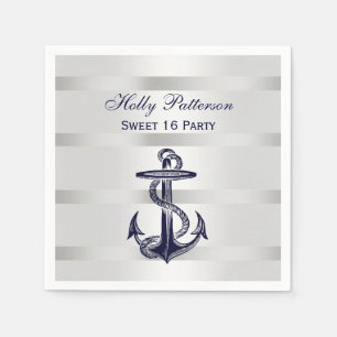 Nautical Navy Blue Anchor Silver Wt BG V Sweet 16 Servet