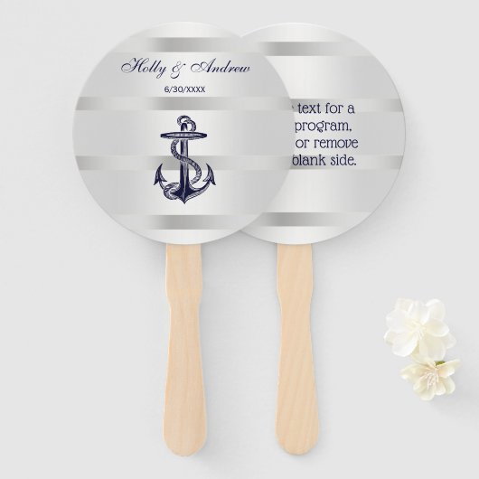 Nautical Navy Blue Anchor Silver Wt BG Weddenschap Handwaaier (Voorkant en achterkant)