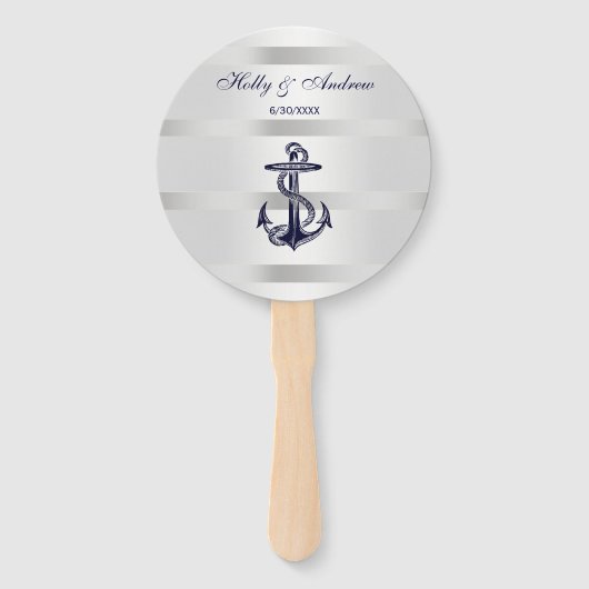 Nautical Navy Blue Anchor Silver Wt BG Weddenschap Handwaaier (Voorkant)