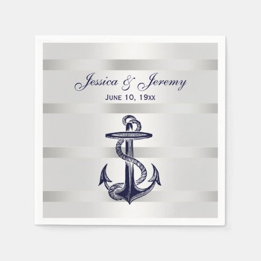 Nautical Navy Blue Anchor Silver Wt BG Weddenschap Servet (Voorkant)