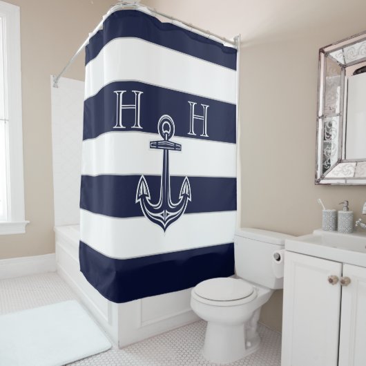Nautical Navy Blue Anchor Striped Monogram Name Douchegordijn (In situ)