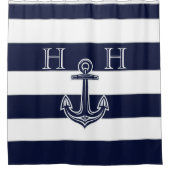 Nautical Navy Blue Anchor Striped Monogram Name Douchegordijn (Voorkant)