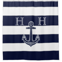 Nautical Navy Blue Anchor Striped Monogram Name