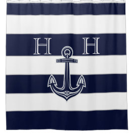 Nautical Navy Blue Anchor Striped Monogram Name Douchegordijn