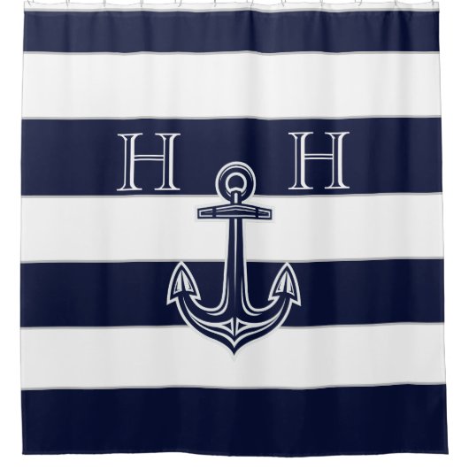 Nautical Navy Blue Anchor Striped Monogram Name Douchegordijn (Voorkant)