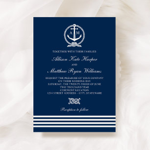 Nautical Navy Blue Anchor Stripes Wedding Monogram Kaart