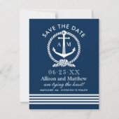Nautical Navy Blue Anchor Stripes Wedding Save The Date (Voorkant)
