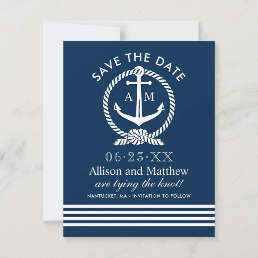 Nautical Navy Blue Anchor Stripes Wedding Save The Date (Voorkant)