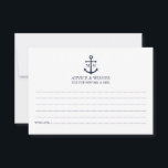 Nautical Navy Blue Anchor Wedding Advice Kaart<br><div class="desc">Voeg een stijlvol tintje toe aan uw nautische bruiloft met deze klassieke marineblauwe ankertrouwkaart en wenskaart. Ontworpen met een marine blauw anker illustratie, het beschikt over gepersonaliseerde bruid en bruidegom monogram, aangepaste tekst in een marine blauw serif lettertype op een witte achtergrond. Ideaal voor nautische of strand-thema bruiloften, baby showers,...</div>
