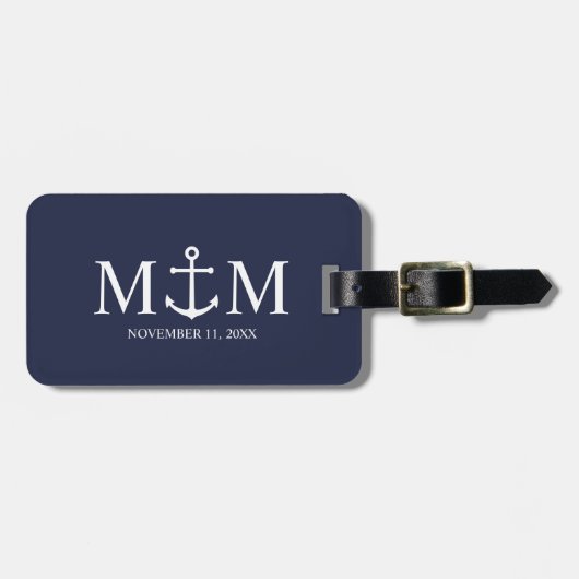 Nautical Navy Blue Anchor Wedding Bagagelabel (Voorkant horizontaal)
