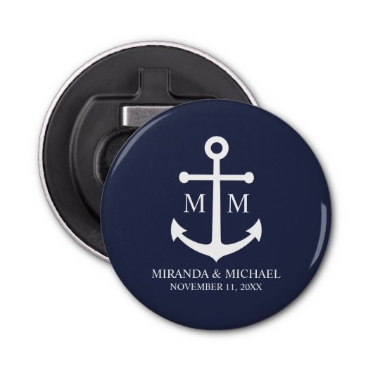 Nautical Navy Blue Anchor Wedding Button Flesopener (Voorkant)