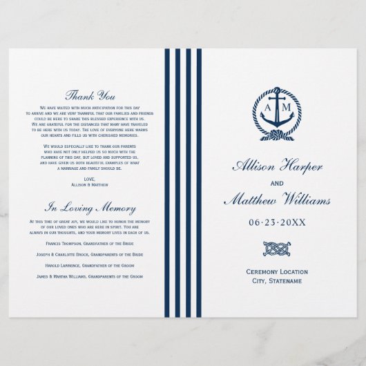 Nautical Navy Blue Anchor Wedding Ceremony Program (Voorkant)