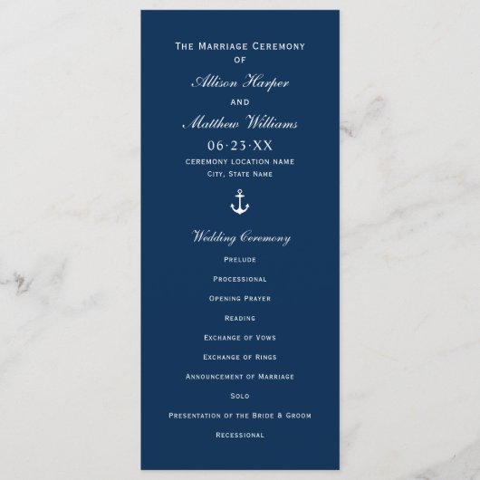 Nautical Navy Blue Anchor Wedding Ceremony Programmakaart (Voorkant)