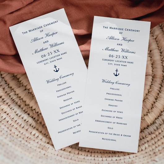 Nautical Navy Blue Anchor Wedding Ceremony Programmakaart