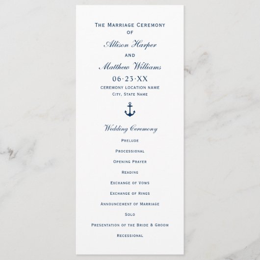 Nautical Navy Blue Anchor Wedding Ceremony Programmakaart (Voorkant)