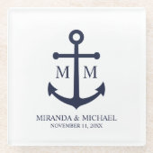 Nautical Navy Blue Anchor Wedding Glazen Onderzetter (Voorkant)