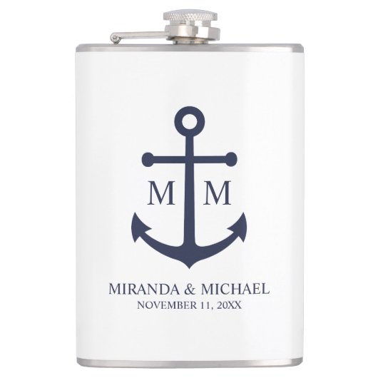 Nautical Navy Blue Anchor Wedding Heupfles (Voorkant)