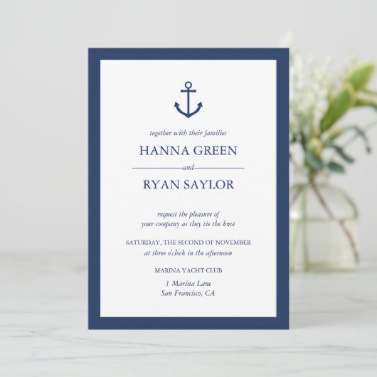 Nautical Navy Blue Anchor Wedding Invitation Kaart (Staand voorkant)