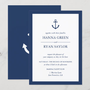 Nautical Navy Blue Anchor Wedding Invitation Kaart