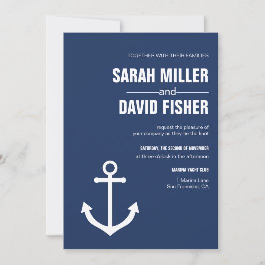 Nautical Navy Blue Anchor Wedding Invitation Kaart (Voorkant)