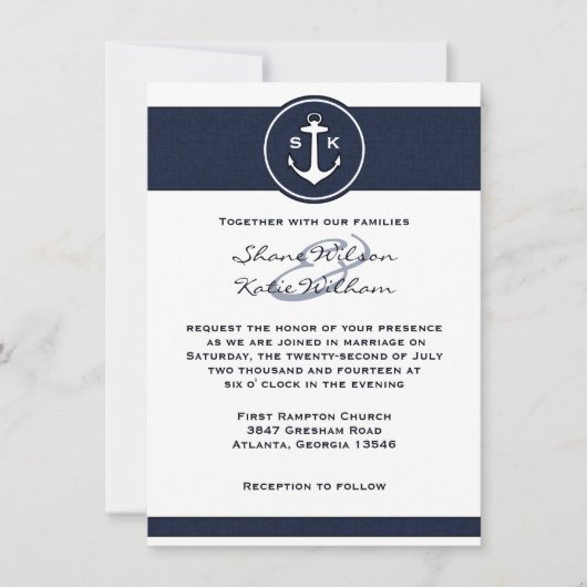 Nautical Navy Blue Anchor Wedding Invitation Kaart (Voorkant)