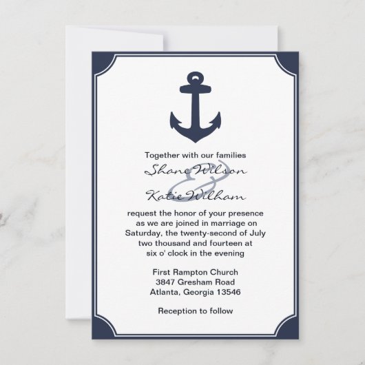 Nautical Navy Blue Anchor Wedding Invitation Kaart (Voorkant)